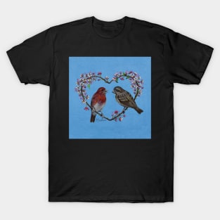 Finch Heart with Pink Blossoms T-Shirt